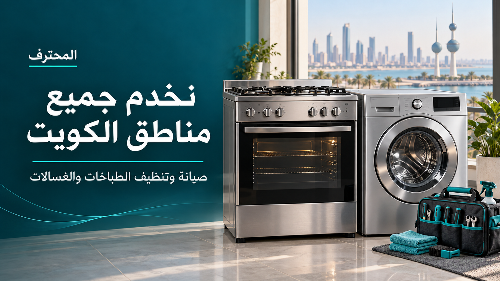 خدمات الطباخات والغسالات في جميع مناطق الكويت مع أدوات صيانة وأبراج الكويت في الخلفية