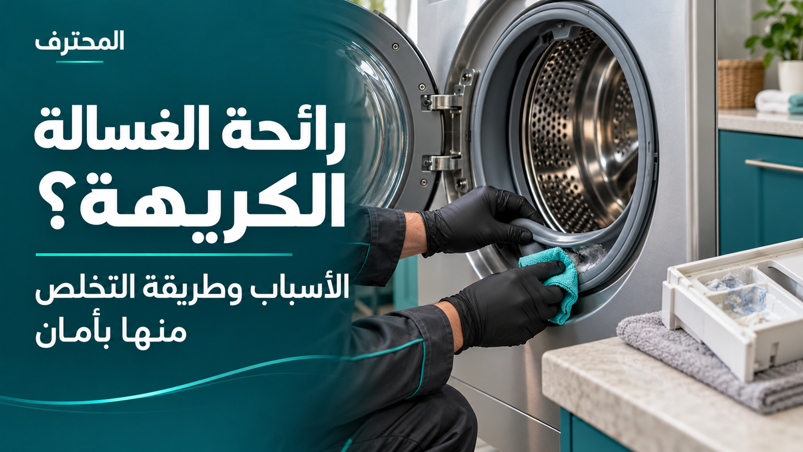 تنظيف طيّة جلدة باب الغسالة بقطعة مايكروفايبر بجانب درج المنظف