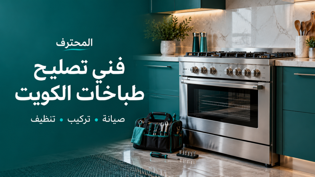 تصميم توضيحي لخدمة تصليح طباخات الكويت مع طباخ ستانلس وأدوات صيانة